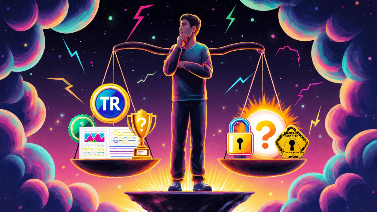 User balancing scales of opportunity and risk, with bridge and security symbols in a colorful cartoon.