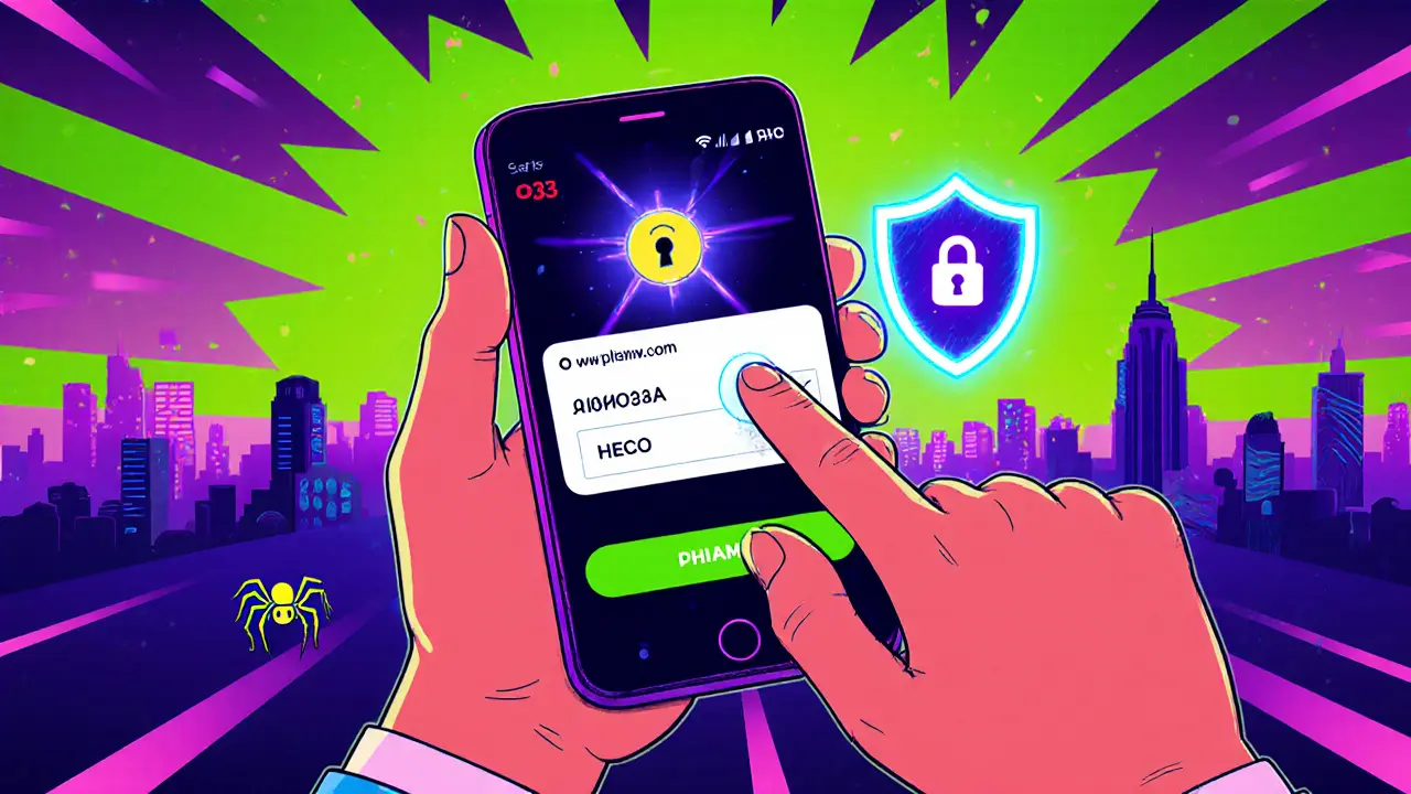 User unlocking O3 airdrop on a phone, protected by a glowing shield, with a phishing spider in the background.