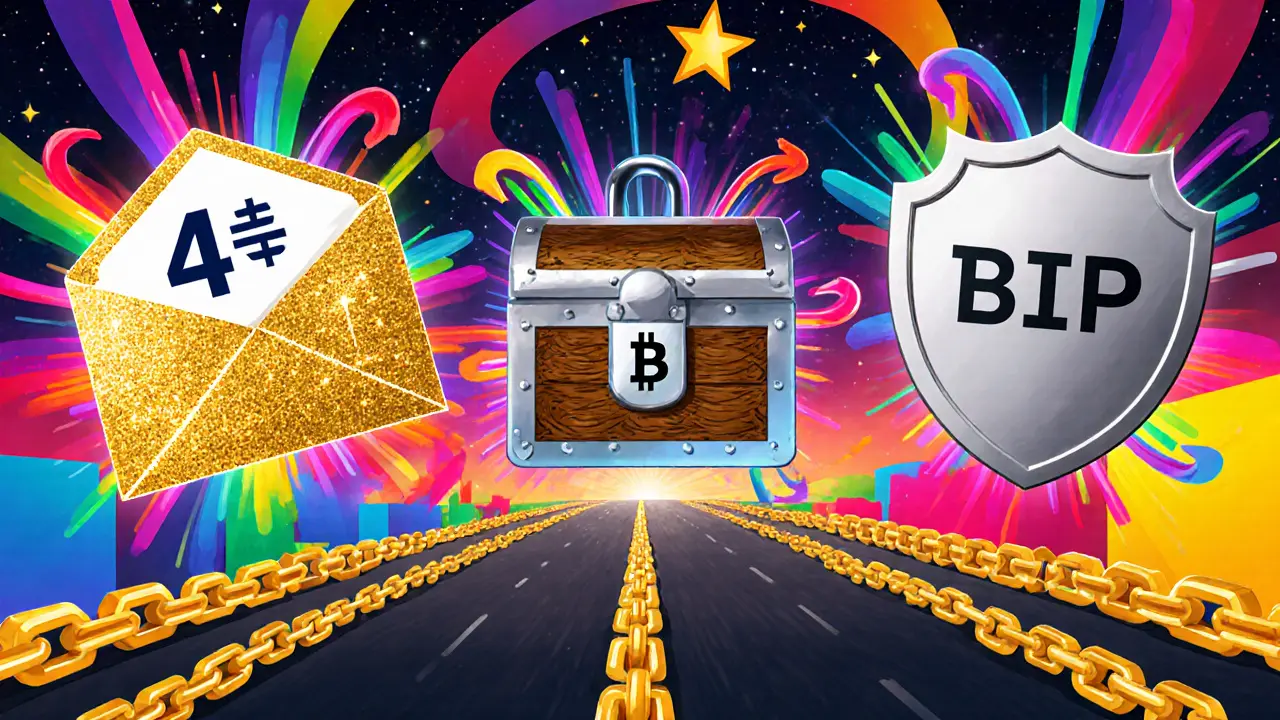Vibrant cartoon showing SegWit, P2SH, and BIP66 symbols on a blockchain background.