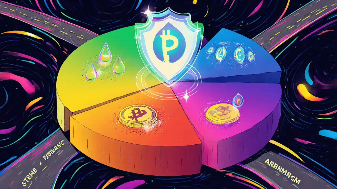 A bright pie chart of DeFi investments with icons for staking, lending, liquidity, dividends, and insurance.