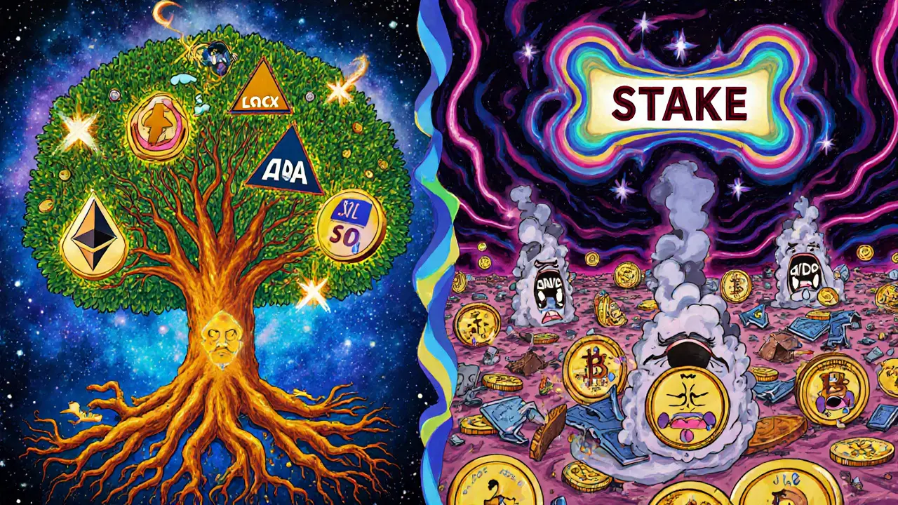 A cosmic tree of real cryptos glowing with rewards versus a junkyard of crumbling STAKE tokens in a psychedelic galaxy.