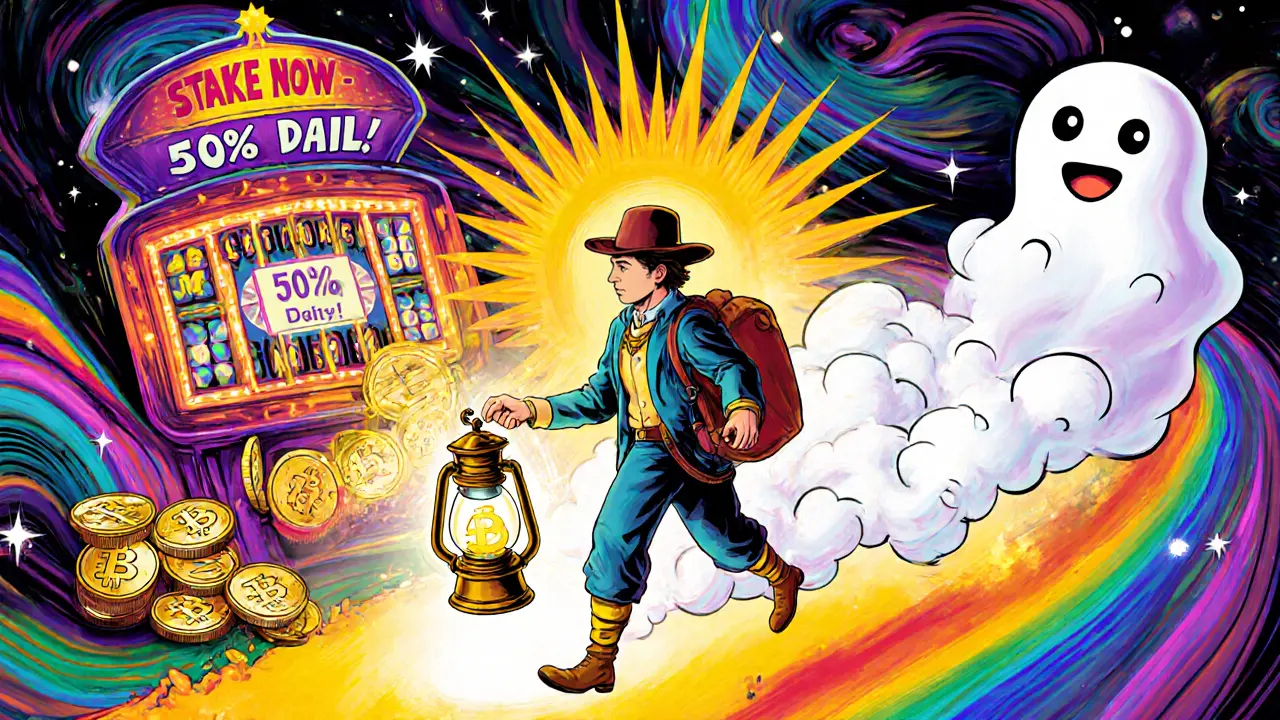 A traveler walking away from a fake crypto casino toward safe staking platforms under a glowing blockchain lantern.