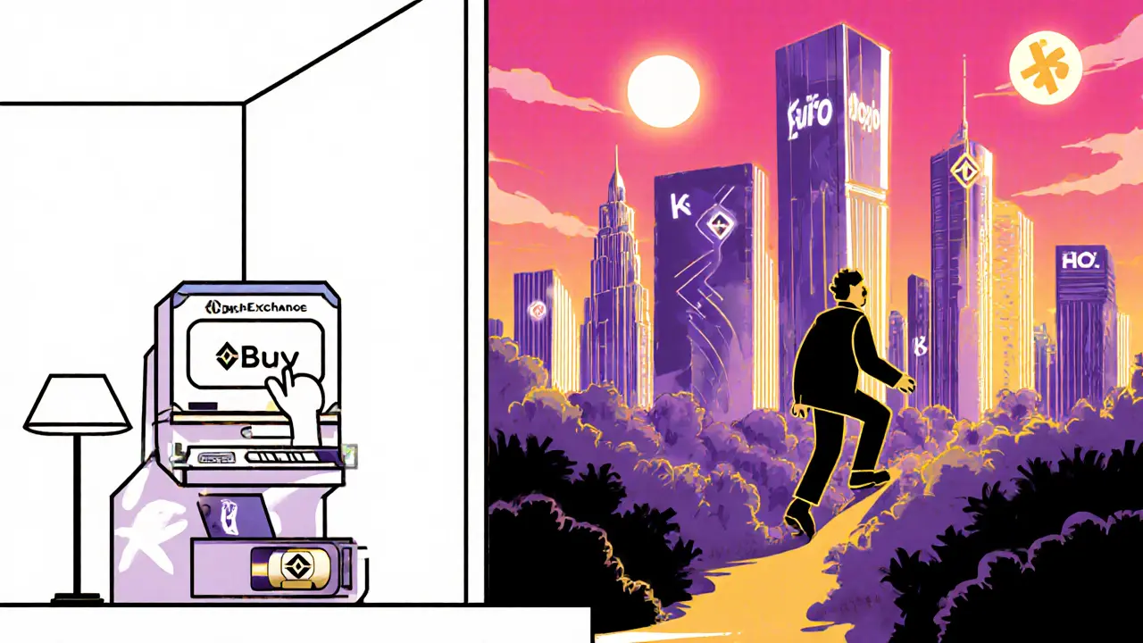 Beginner steps out of a cozy Paro room into a futuristic city of larger crypto exchanges.