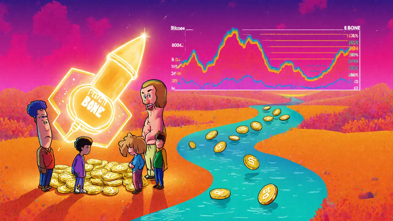 Cartoon characters staking glowing coins beside a bright Bitget emblem.
