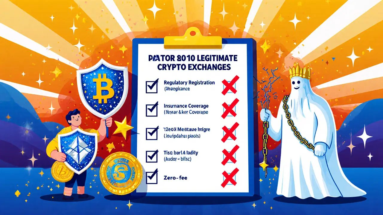 Cartoon checklist comparing legit exchanges with Hyperion myth, highlighting registration and insurance.