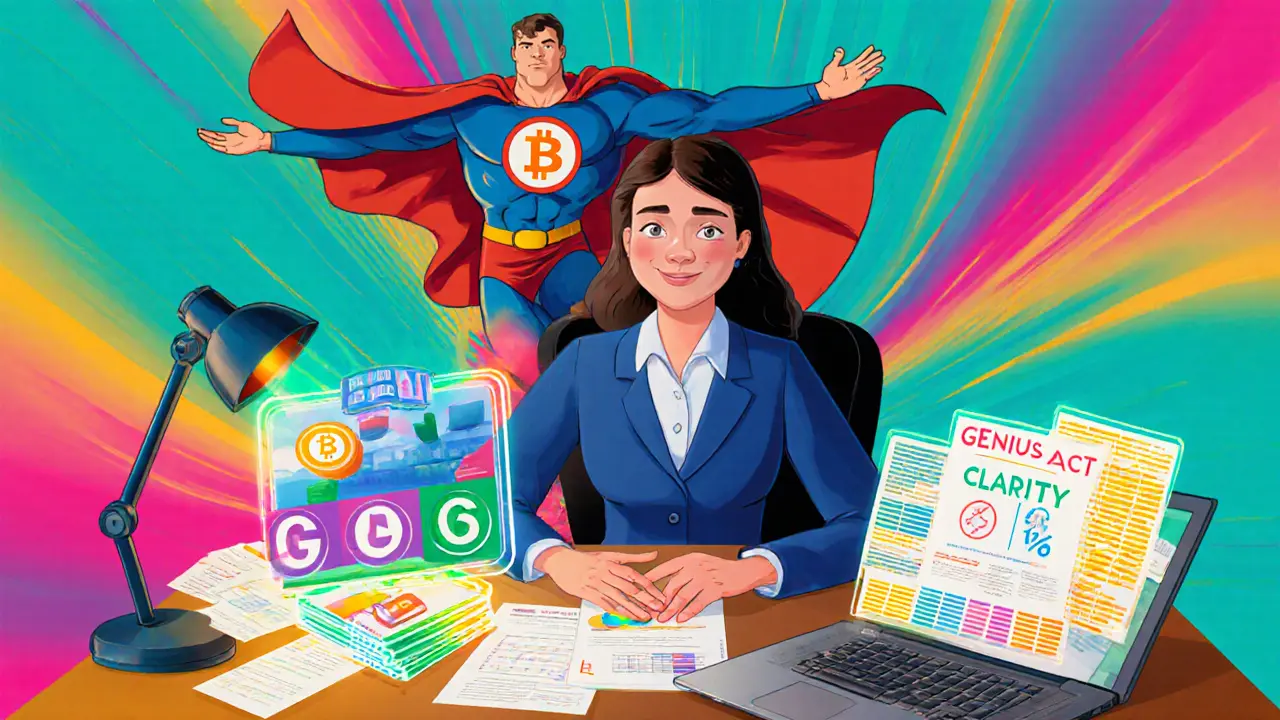 Cartoon home office with tax software, spreadsheets, and superhero figure.