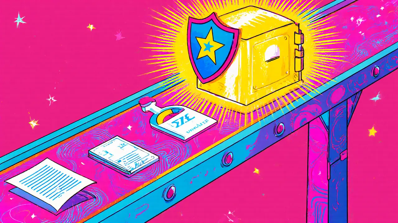 Cartoon of DECO bridge verifying off‑chain credit data for a smart contract.