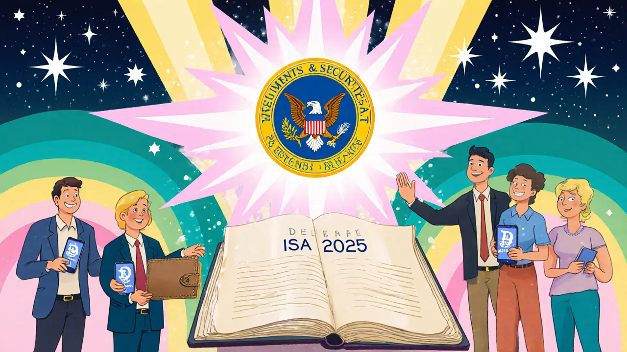 Celebration of the 2025 ISA with SEC seal, happy entrepreneurs, and bright rainbow background.