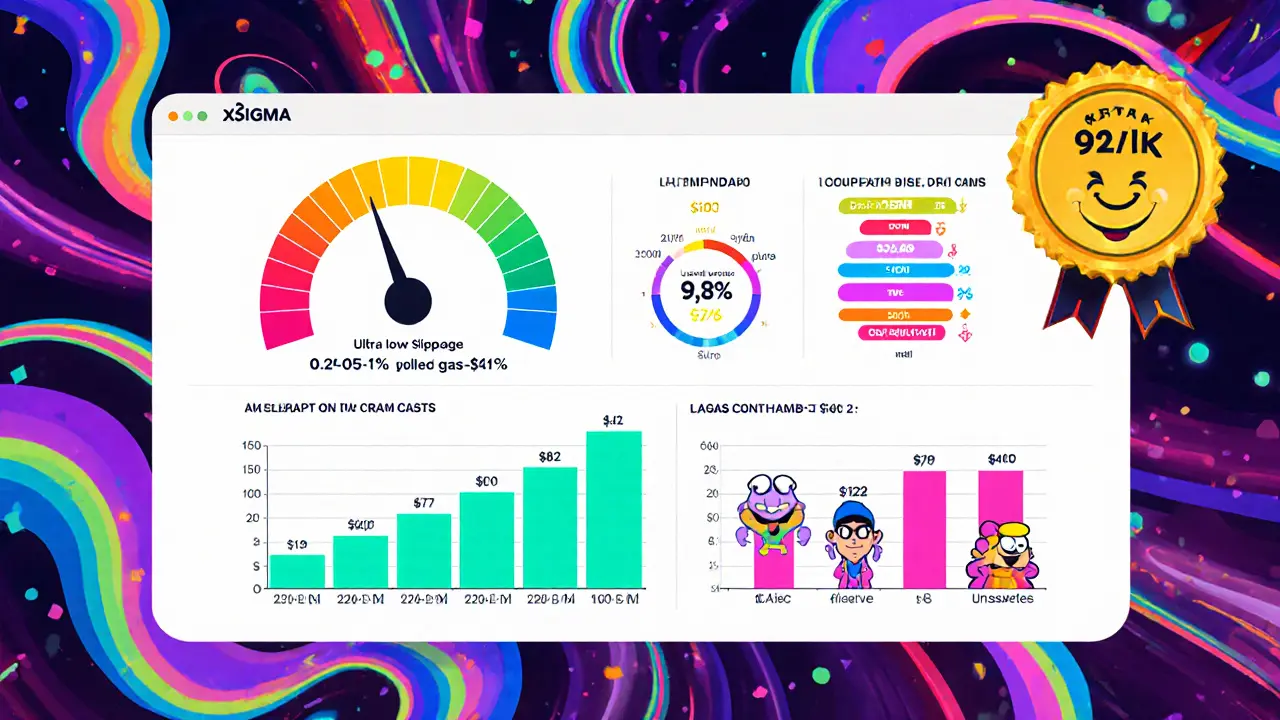 Colorful cartoon dashboard showing xSigma&#039;s low slippage, gas cost, volume, and TVL compared to rivals.