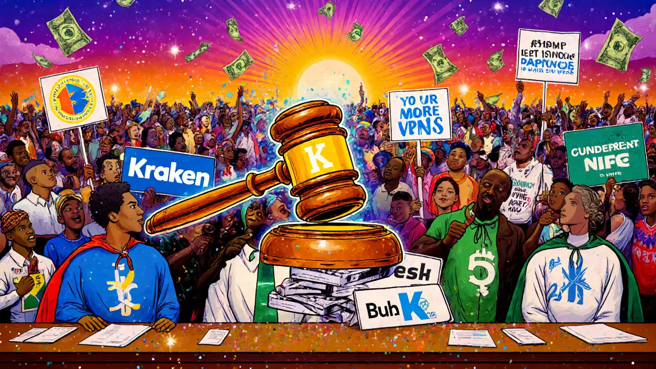 Courtroom with crypto coin gavel hitting unlicensed exchanges, licensed ones in capes, citizens holding safety signs under psychedelic light.