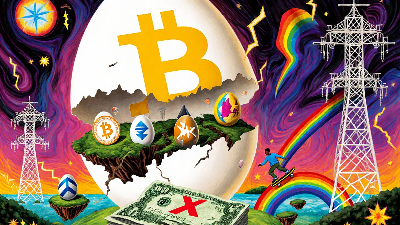 Cracked Binance logo with crypto eggs hatching, Naira note broken below, user riding a VPN rainbow through cosmic swirls.