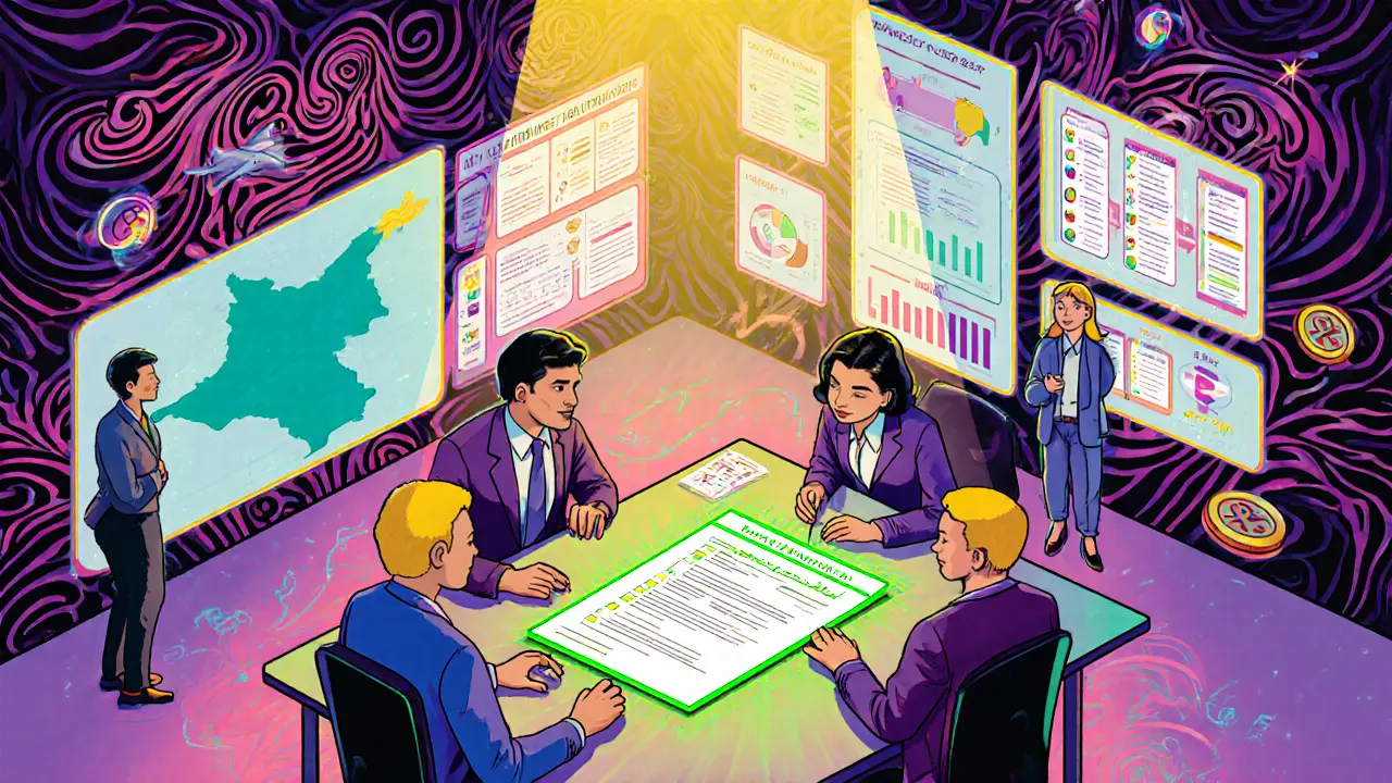 Crypto startup office reviewing licensing forms with colorful AML compliance screens.