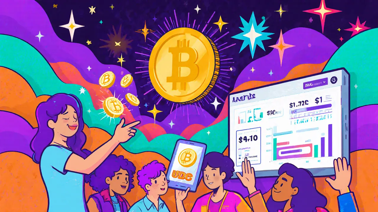 Fans buying a creator token amid neon NFT art and a glowing USDC dashboard.