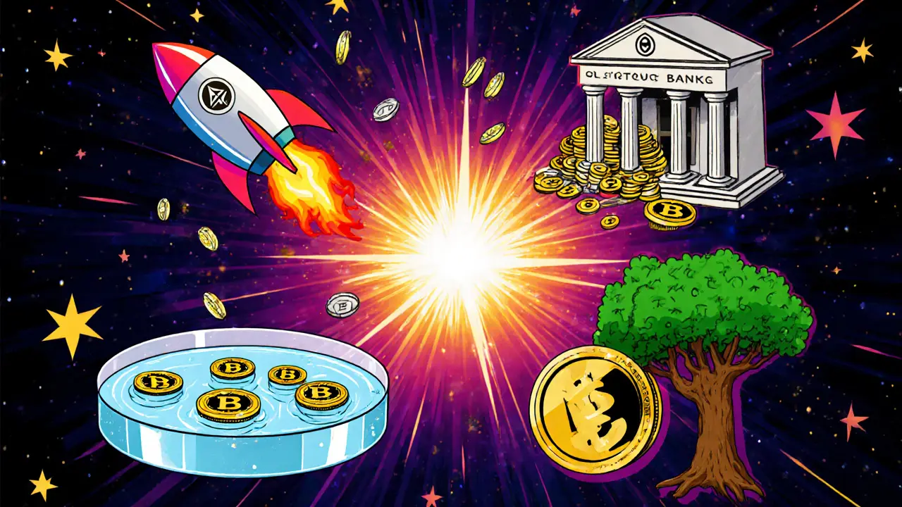 Four colorful scenes depict staking, lending, liquidity provision, and dividend tokens.