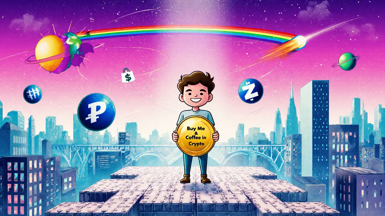 Future city scene with a creator on blockchain bricks, crypto button, and bright icons.