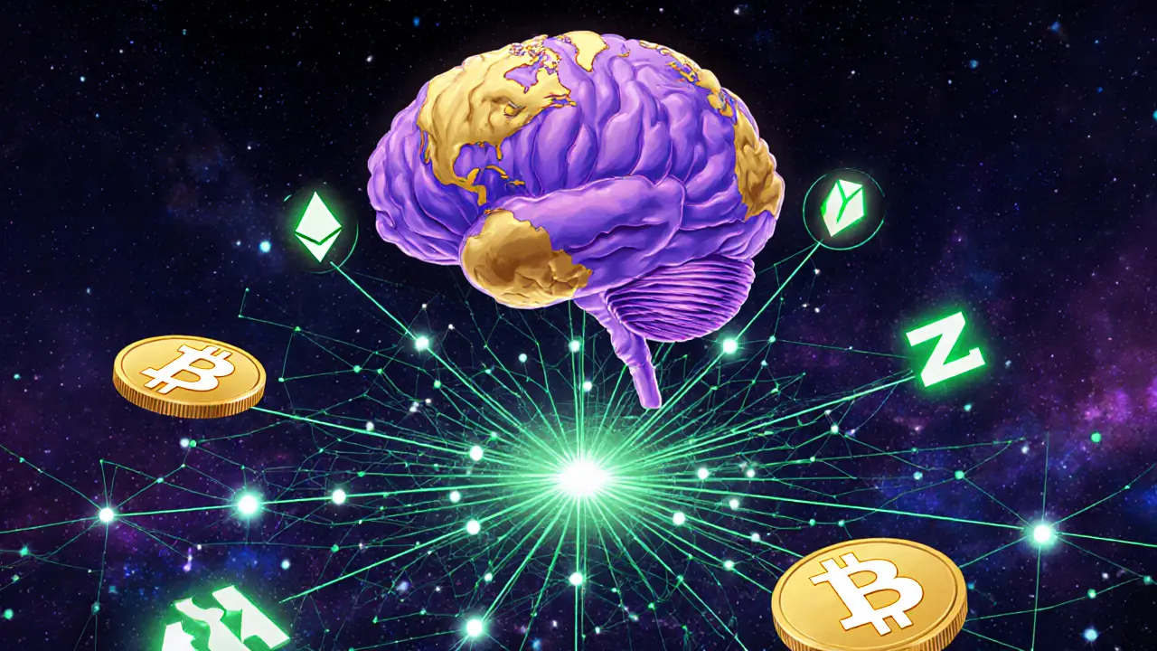 Futuristic AI brain connects Bitcoin, Ethereum, and privacy coins in a vibrant network.