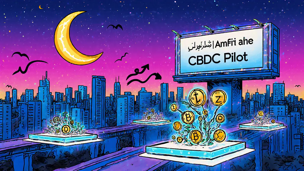 Futuristic Amman skyline showing CBDC billboard, DeFi platforms, and Sharia tokens.