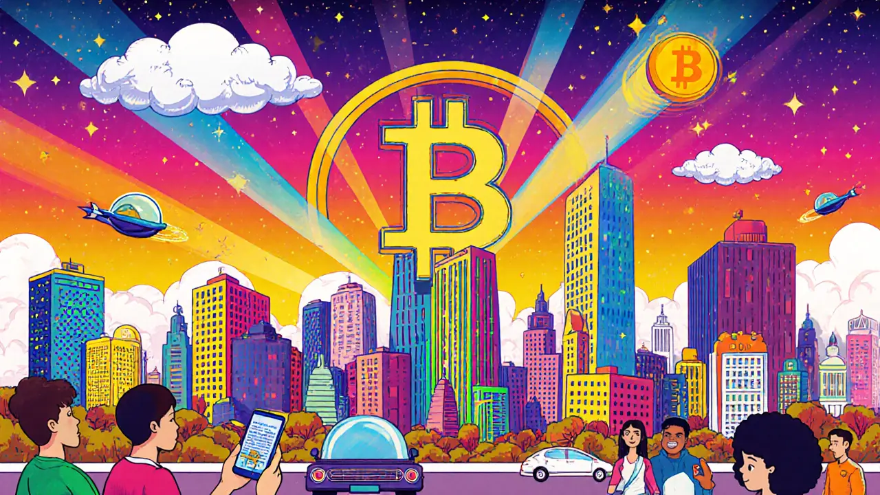 Futuristic DeFi city showing borrowers getting under‑collateralized loans.