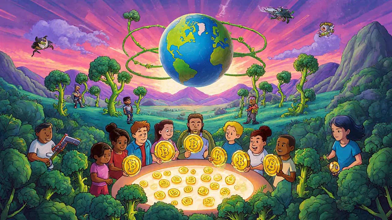 Group around a DAO table holding BRKL tokens, with gaming avatars and eco‑theme backdrop.