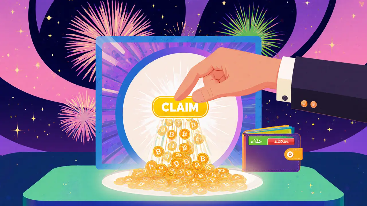 Hand clicks claim button as bright tokens fill wallet, fireworks and hardware wallet nearby.