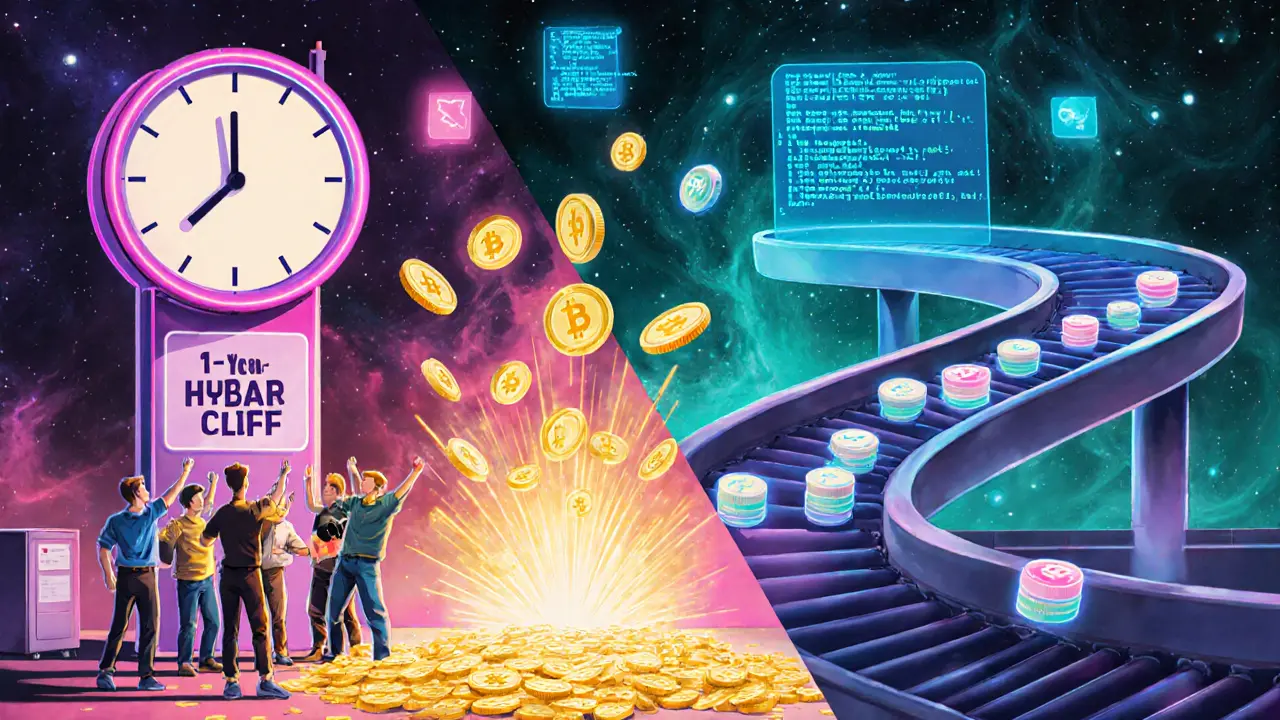 Hybrid vesting scene with a cliff burst and a conveyor belt delivering tokens.