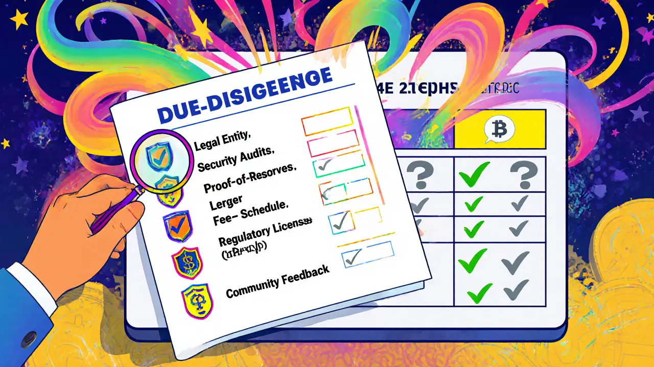 Illustrated due‑diligence checklist with icons for legal, audit, reserves, fees, and regulator checks.