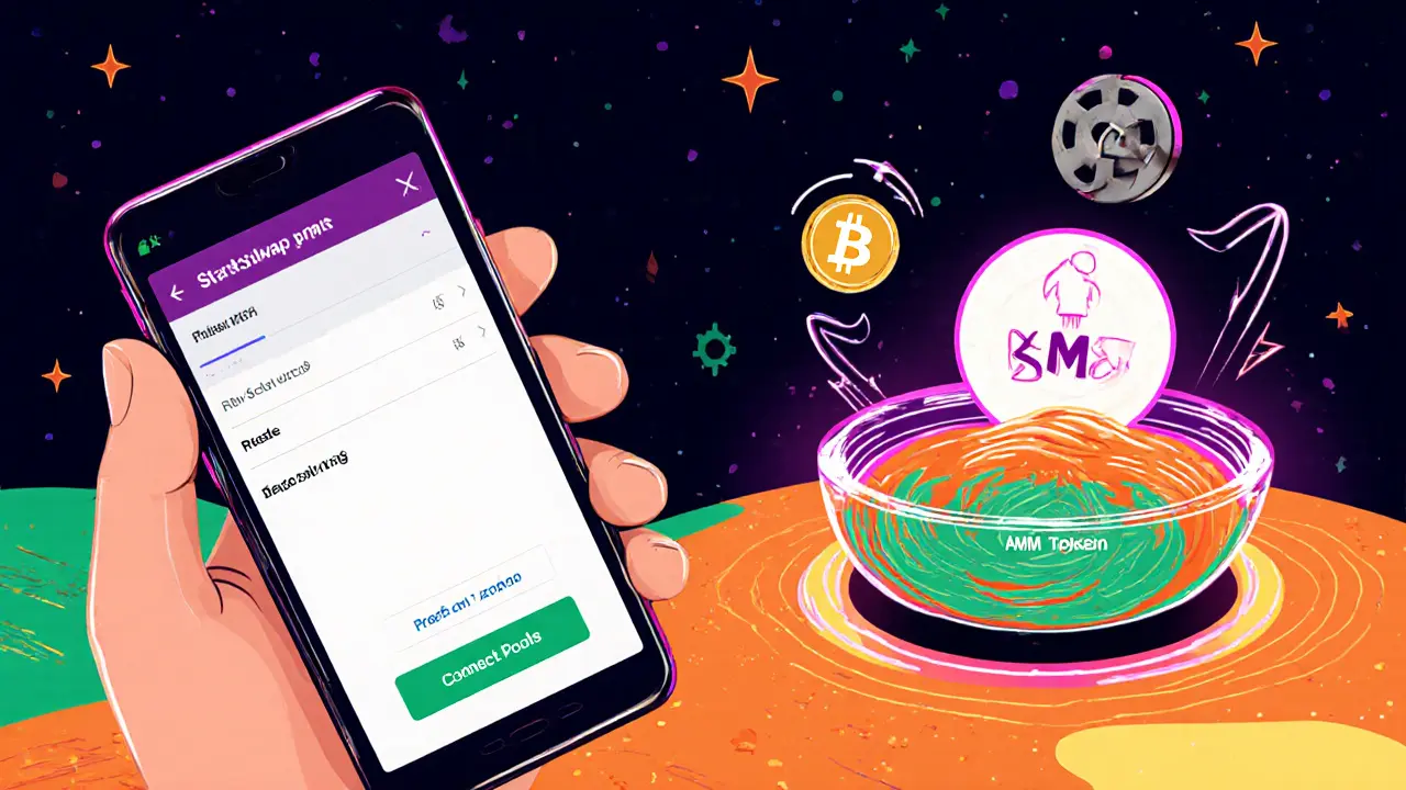 Illustration of Hiro wallet onboarding and AMM liquidity pools.