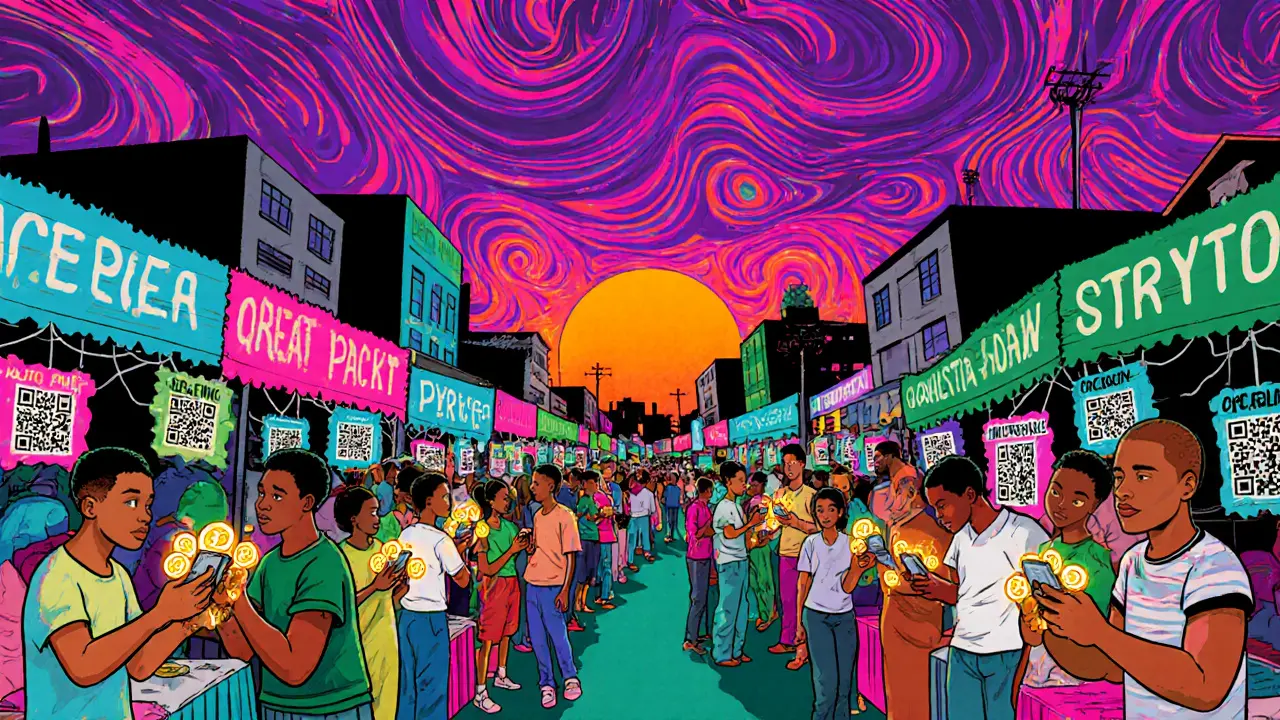 Lagos street market where people trade crypto on phones amid glowing digital coins.