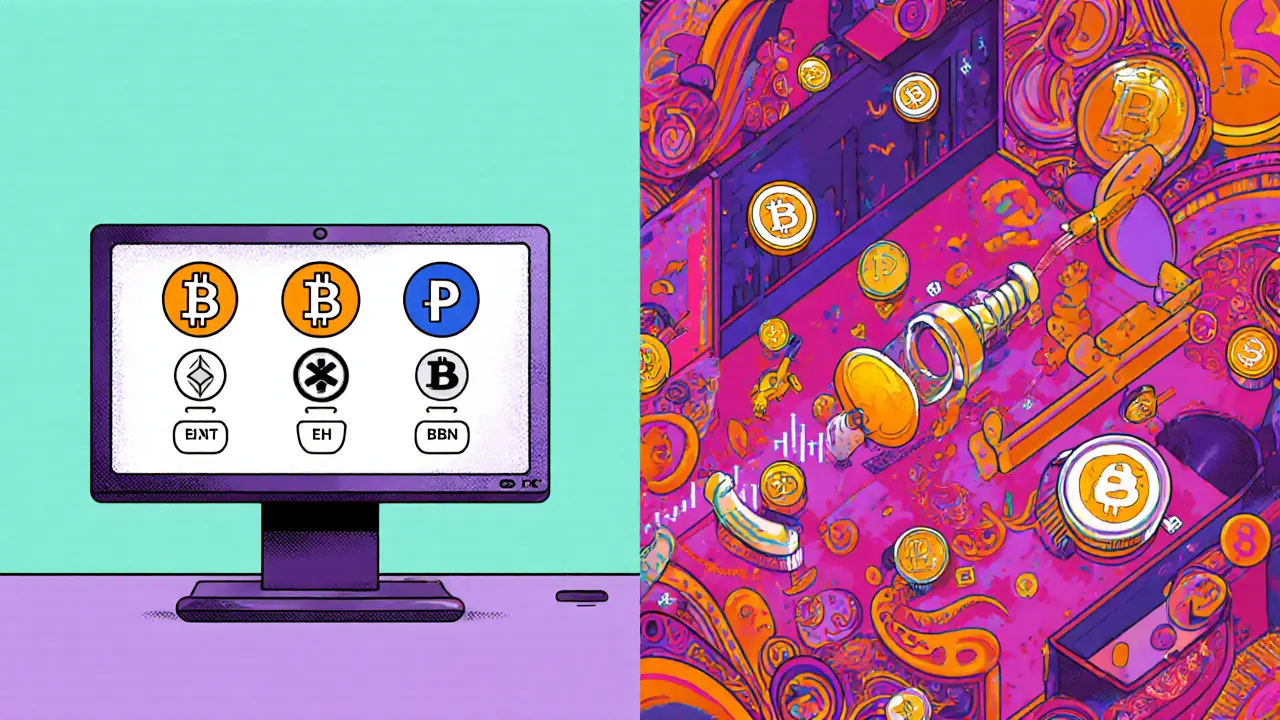 Minimalist Paro desk with four coin symbols contrasted with a bustling exchange floor full of many crypto icons.