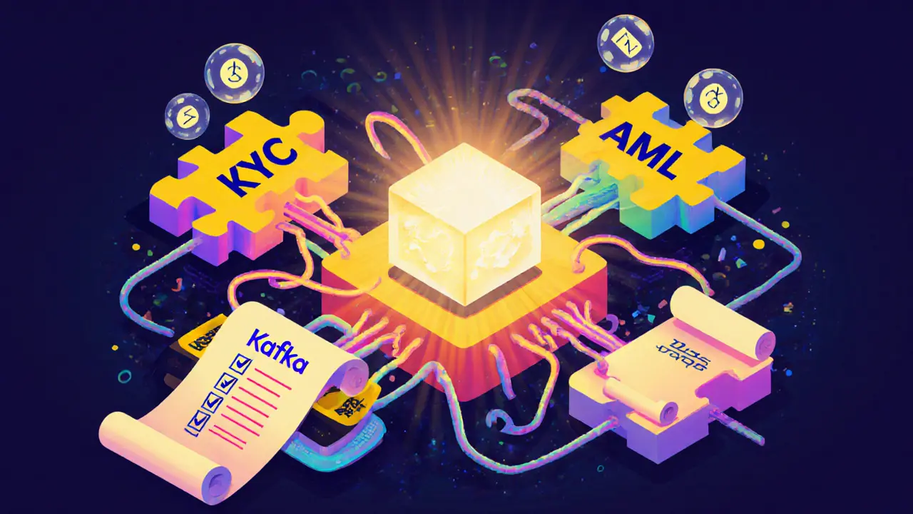 Modular puzzle pieces forming a compliance architecture with micro‑services and data streams.