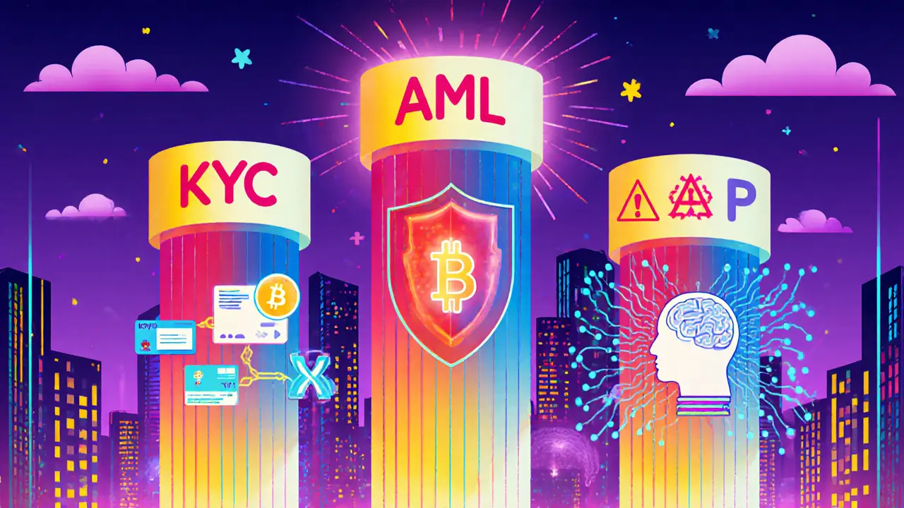 Neon pillars representing KYC, AML, and transaction monitoring with blockchain and AI symbols.