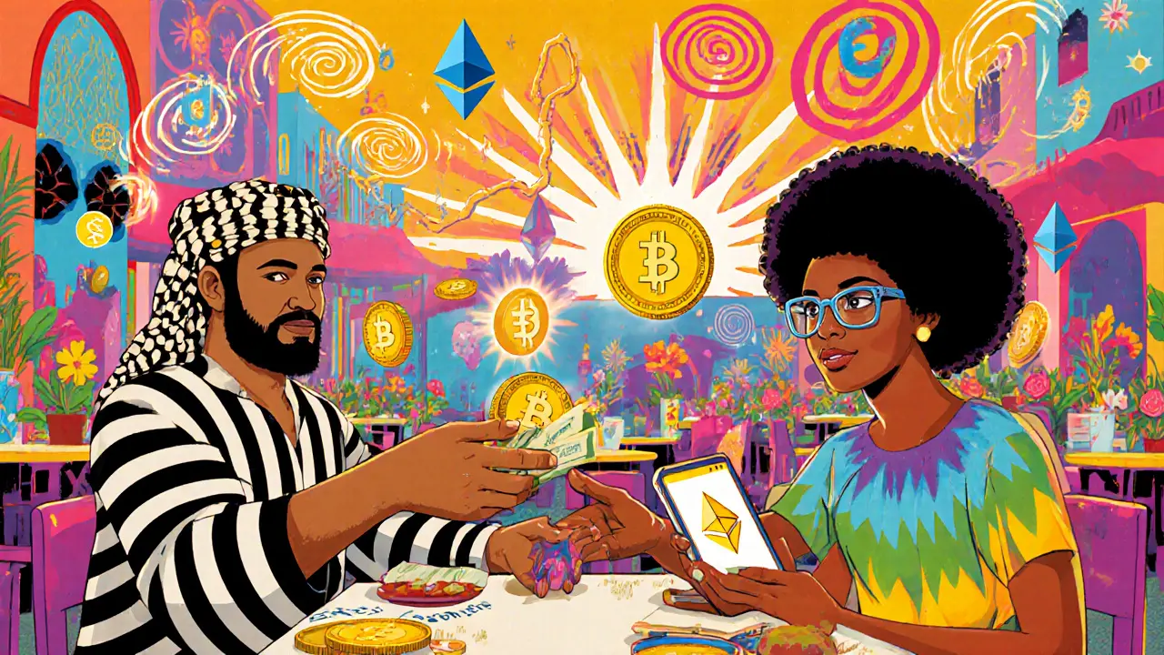 People in a vibrant café exchanging cash for cryptocurrency, with floating crypto icons and abstract floral designs in bold, swirling colors.
