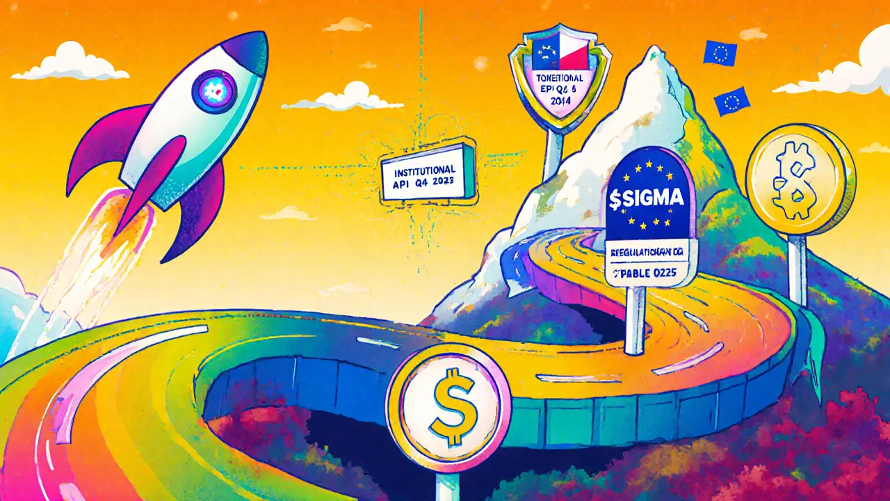 Psychedelic cartoon roadmap with milestones for xSigma&#039;s upgrades, $SIGMA token, and future growth.