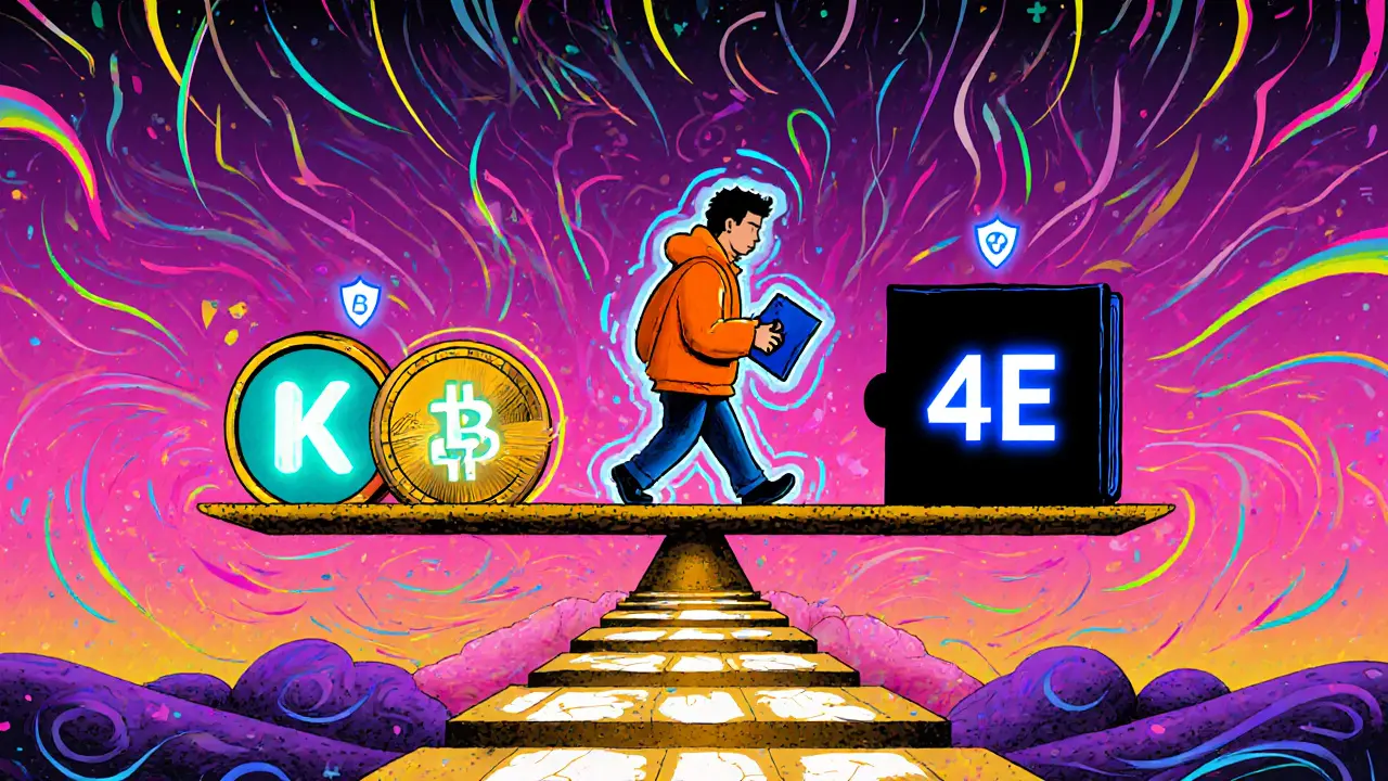Scale compares trusted exchanges to unknown 4E; user walks toward reputable platforms holding a hardware wallet.