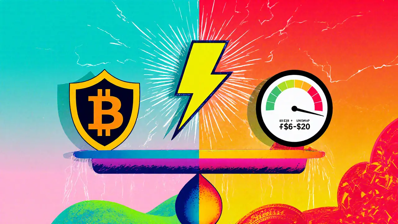 Split‑screen cartoon comparing StackSwap and Uniswap fees and security.