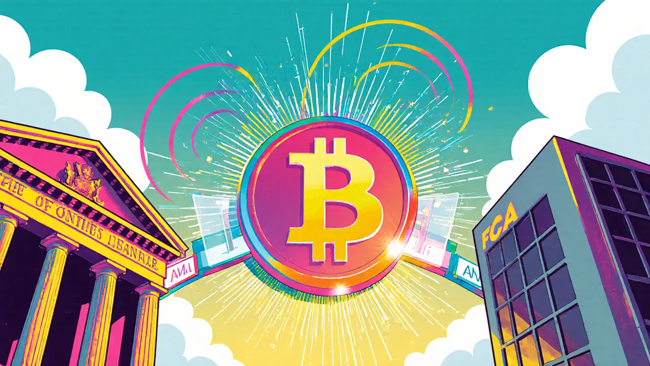 Stablecoin connecting Bank of England and FCA buildings, highlighted with bright digital lines.