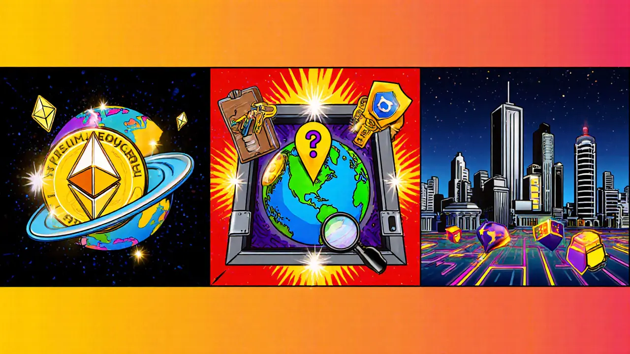 Three‑panel cartoon showing Hyperion Token, Hyperion.fund multi‑sig vault, and Hyperion Networks cybersecurity office.