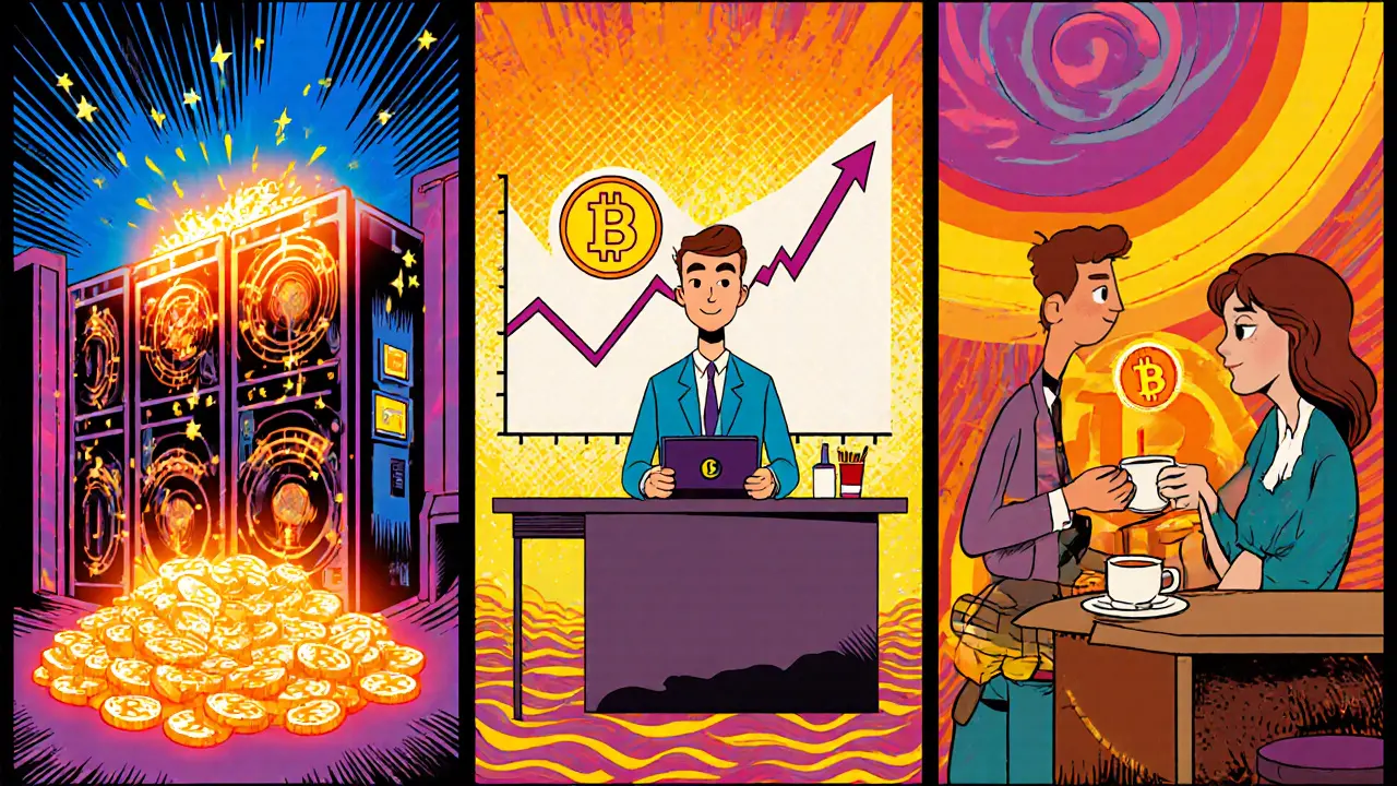 Three panels show mining, investing, and coffee purchase with Bitcoin.