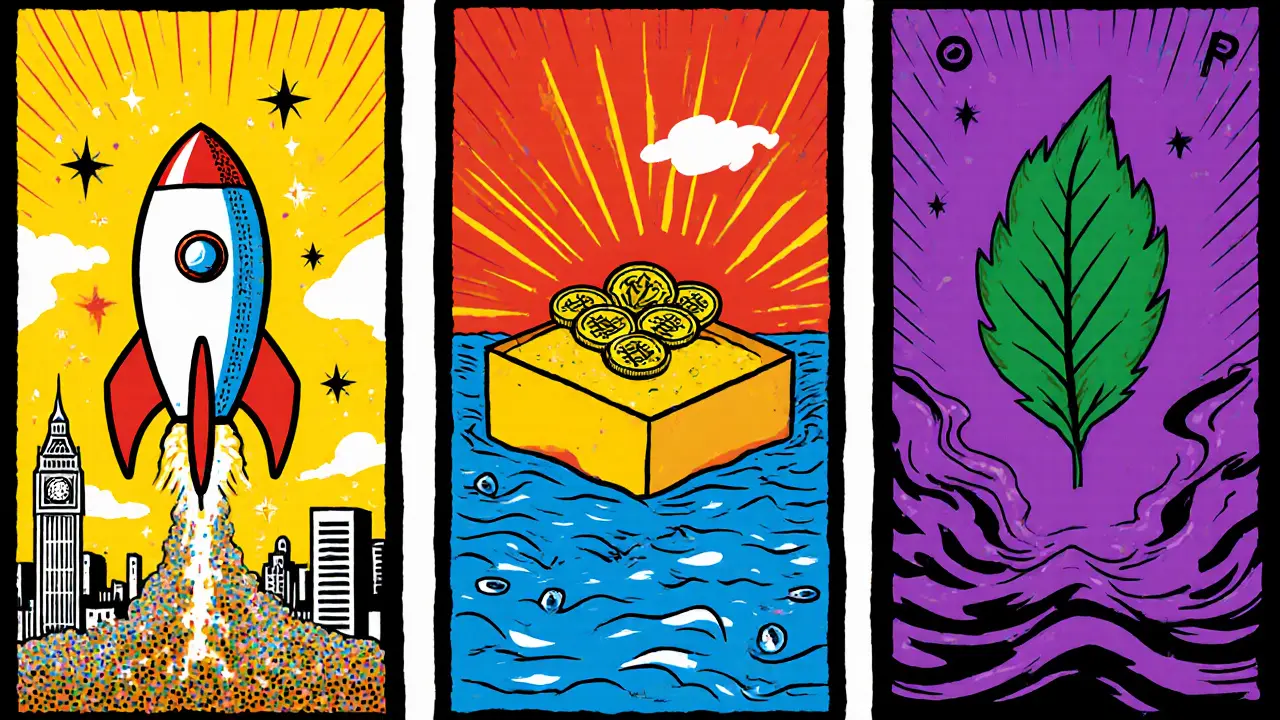 Three panels showing a rocket, sandbox, and wilted leaf to represent optimistic, middle, and pessimistic futures.