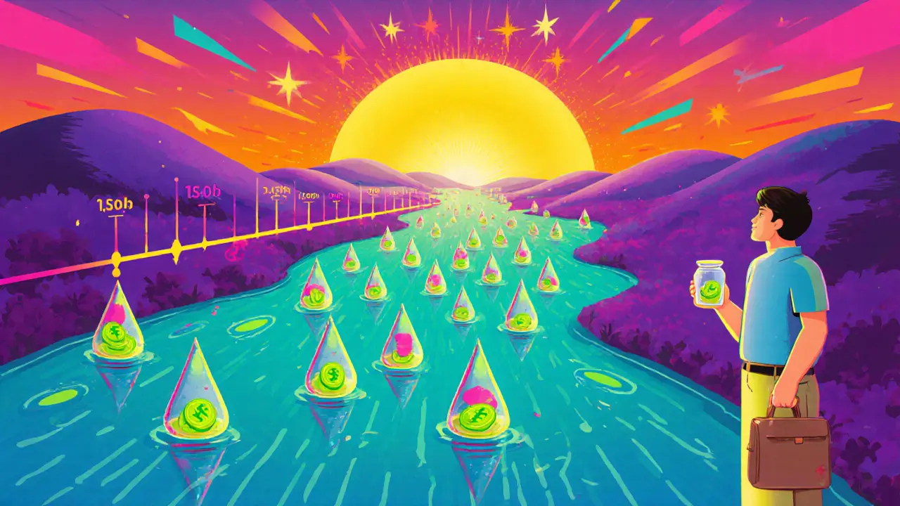 Tokens drip steadily along a colorful timeline showing linear vesting.