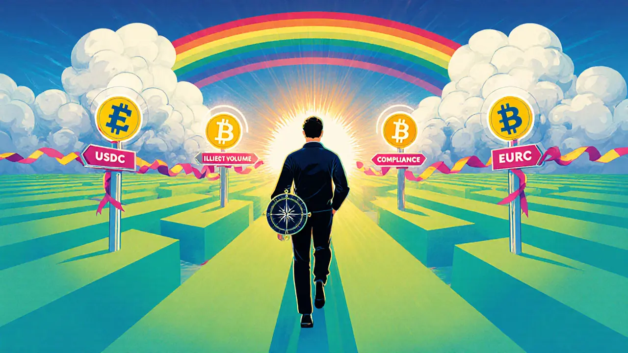 Trader walking through a maze toward bright stablecoin icons under hopeful lights.