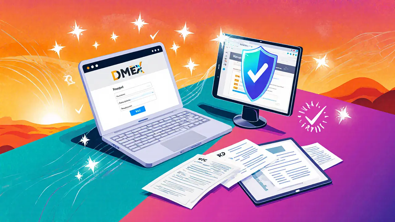 User at desk with laptop, tablet, KYC papers, and glowing checkmarks preparing for airdrop.