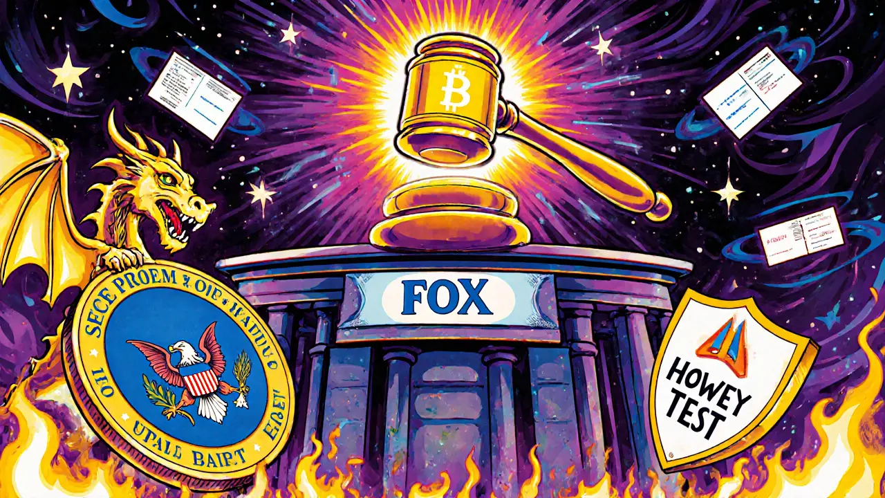 A cosmic courtroom with a FOX token gavel, SEC dragon, and blockchain blocks under a shield labeled &#039;Howey Test&#039;.