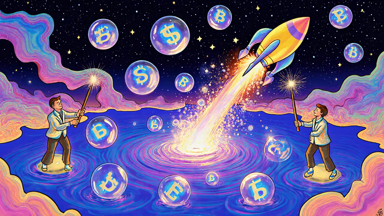 A cosmic mempool of floating transaction bubbles rising toward a blockchain block, guided by miners.