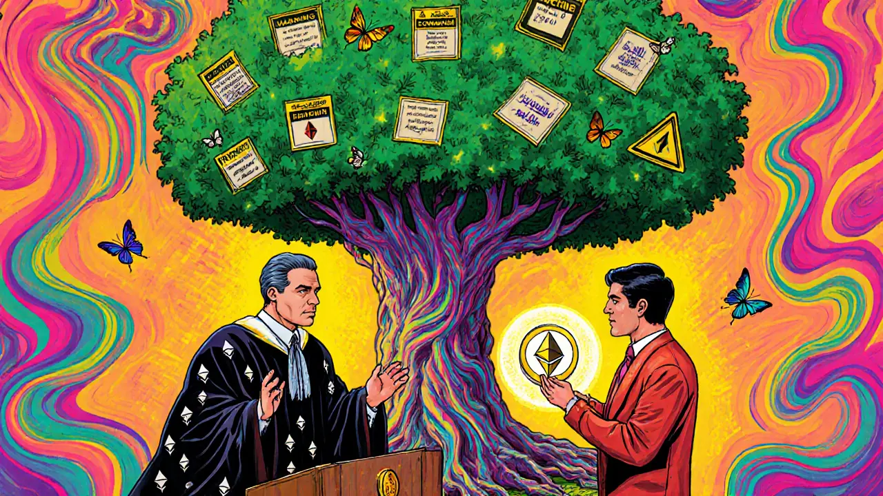A courtroom scene with a judge overseeing a crypto violation, surrounded by a glowing e-Dirham blockchain tree.