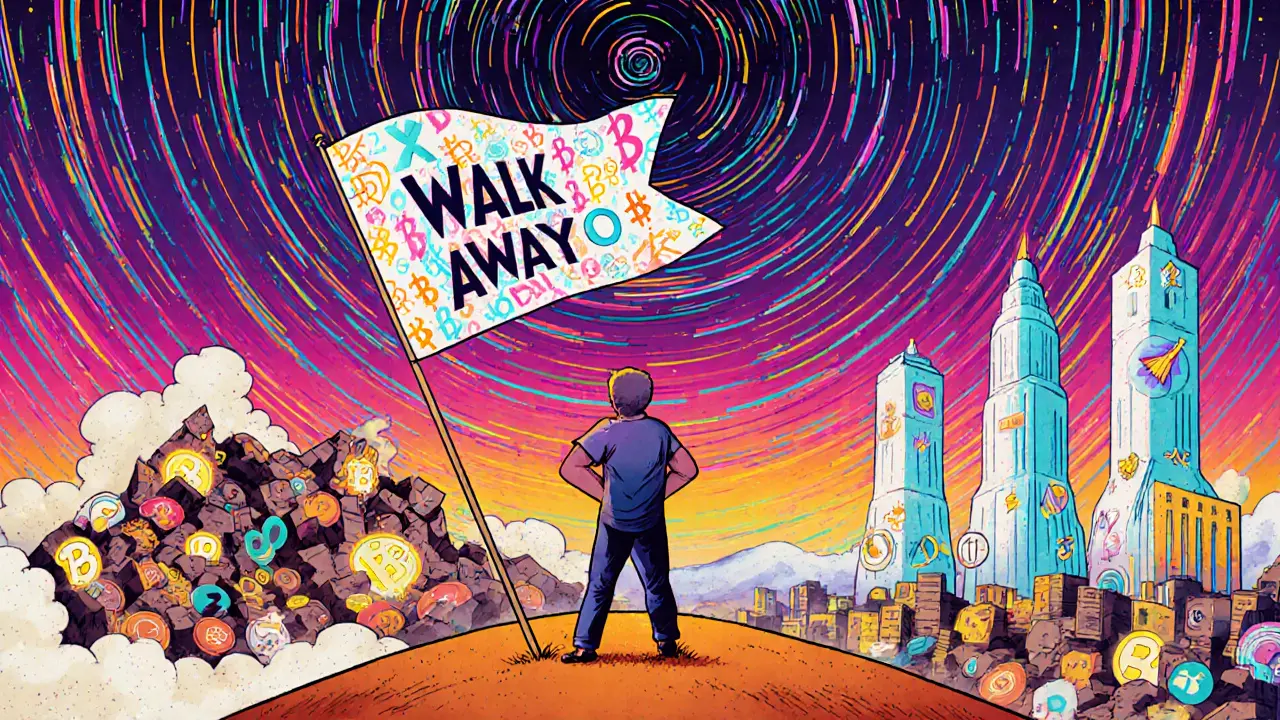 A figure holding a &#039;WALK AWAY&#039; flag as fake crypto projects collapse behind them.