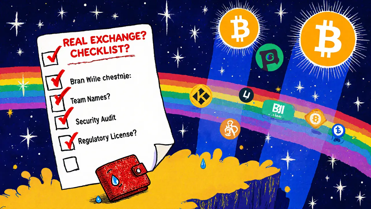 A floating checklist with crossed-out legitimacy markers and a lonely wallet beneath real exchanges shining in the distance.