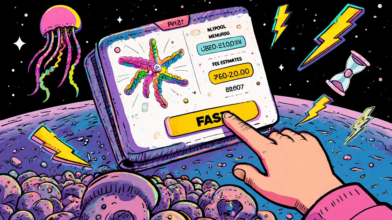 A floating wallet interface showing mempool data as colorful icons, with Lightning Network bolts speeding past.