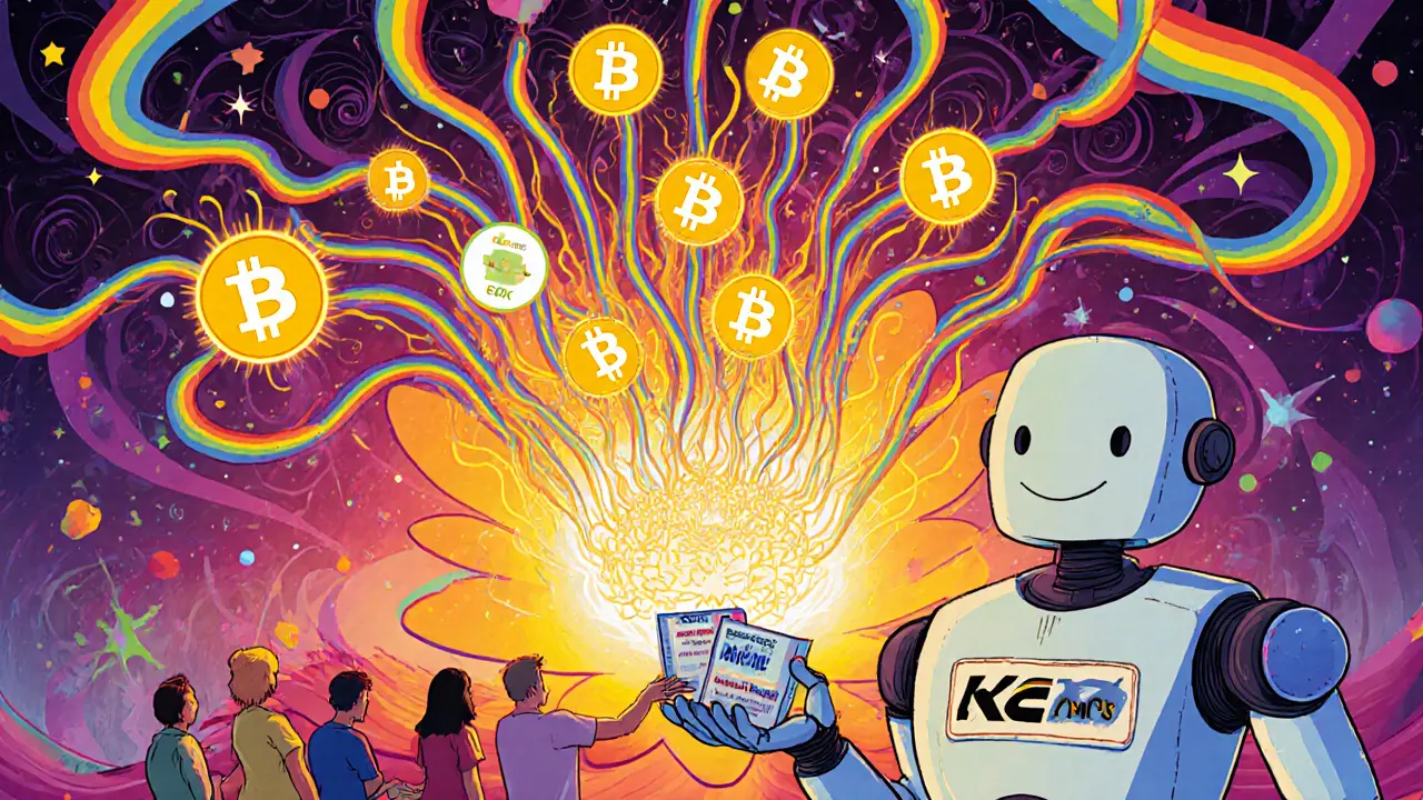 A flower-shaped staking vortex with Bitcoin, NFTs, and stablecoins blooming into KEX tokens, surrounded by smiling developers.