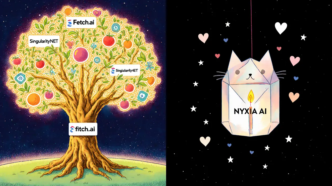 A fragile cat-shaped lantern floats alone beside a thriving AI tree, symbolizing belief versus real technology.